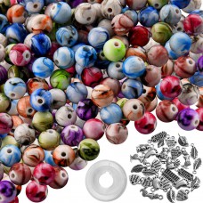 Suhome 300pcs 10mm Multi Color Acrylic Round Loose Beads in Ink Patterns with 50g Alloy Mixed Assorted Style Pendants and Elastic String for Bracelets Jewelry Making